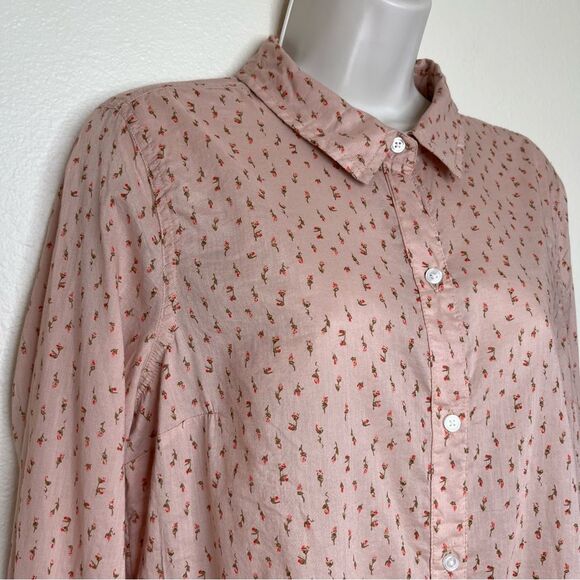 Old Navy Ditsy Floral Tan Red Button Up Long Sleeve Cotton Shirt Women Large NWT - Picture 2 of 14